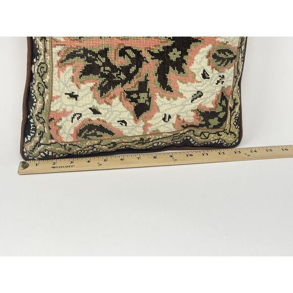 Vintage Needlepoint Pillow Peach Brown Green Leaf Design 13” x 14” - Picture 3 of 5